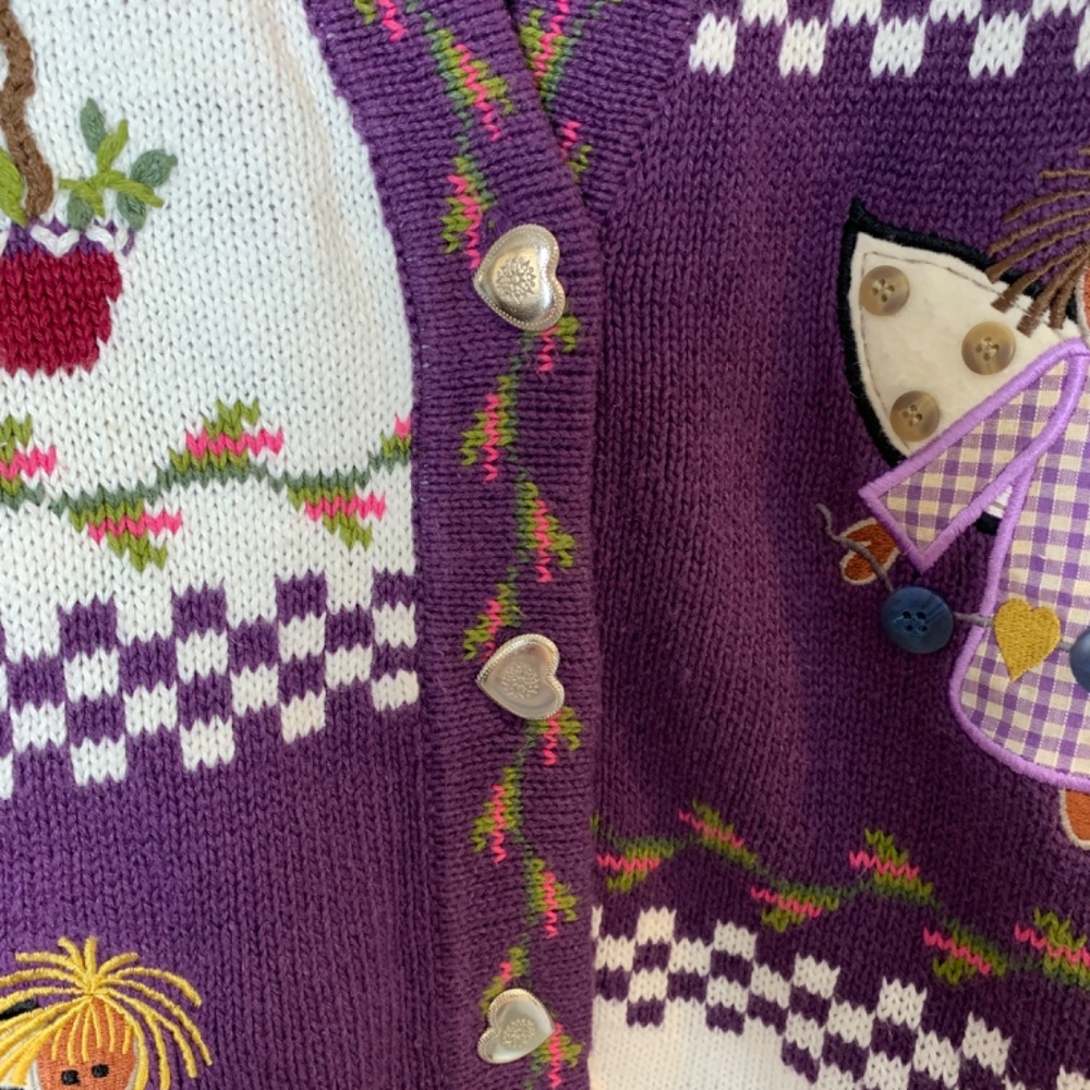 Vintage Quacker Factory Cardigan Sweater Medium Purple Garden Angels Miracles - Picture 6 of 16